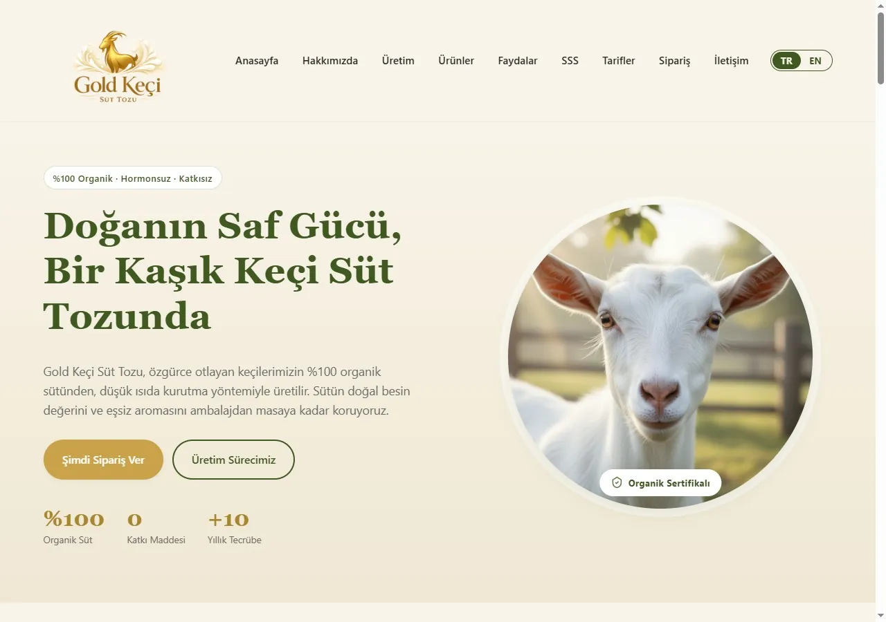 Gold Keçi Süt Tozu ürün tanıtım ve satış web sitesi — ZEN AJANS referans projesi